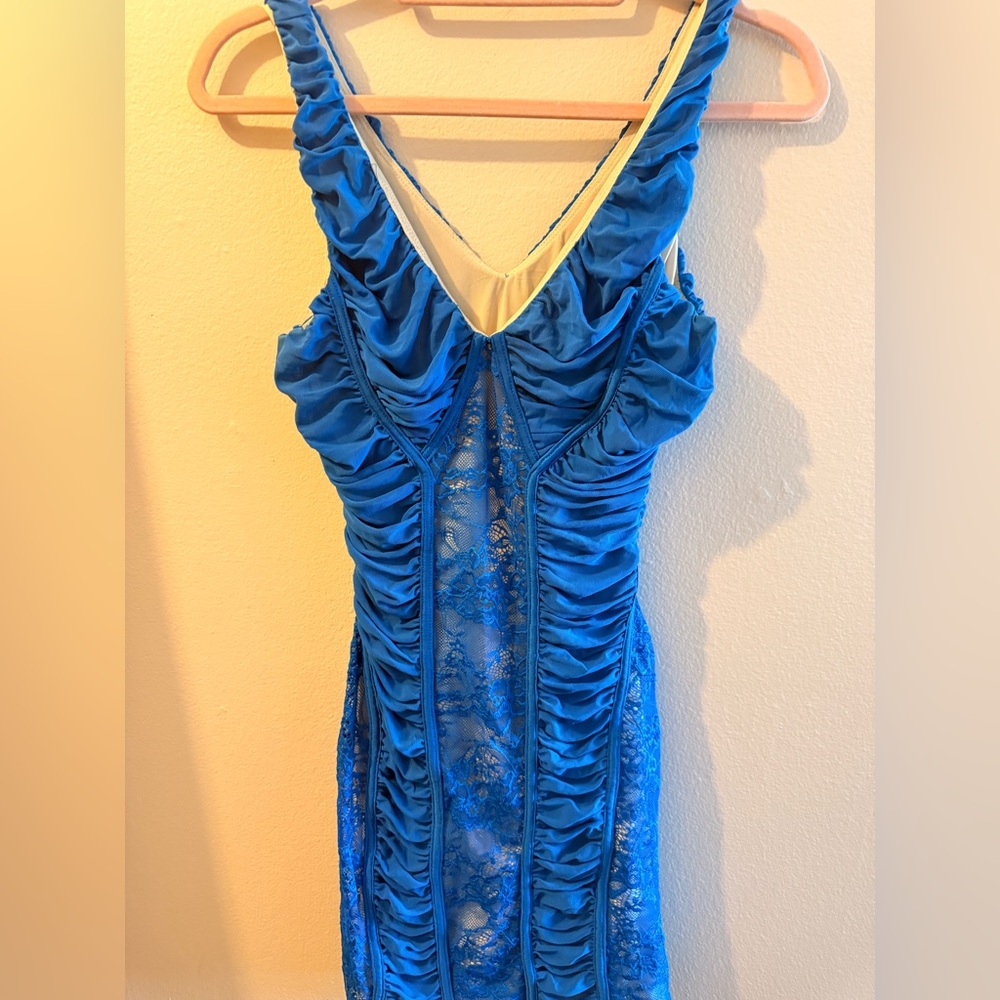 Arden B Blue Ruched V-Neck Dress